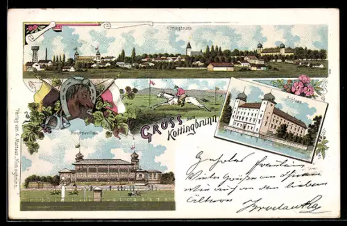 Lithographie Kottingbrunn, Pferderennbahn mit Hauptpavillon, Schloss, Ortsansicht