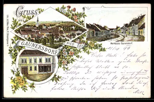 Lithographie Gaunersdorf, Geschäft von Eduard Lehrl, Marktplatz, Teilansicht