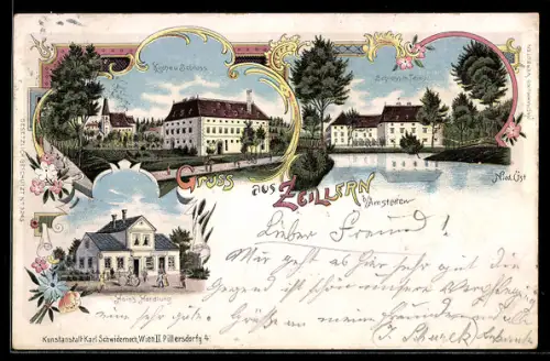 Lithographie Zeillern b. Amstetten, Kirche, Schloss und Teich, Geschäft Hain`s Handlung