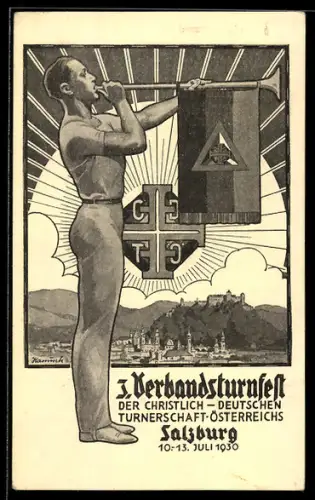 AK Salzburg, Turnfest. Verbandsturnfest 1930, Turner mit Fanfare
