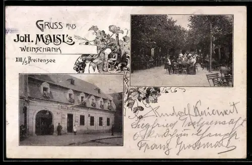 AK Wien, Breitensee, Gasthaus und Weinschank von Joh. Maisl, Blick in den Garten