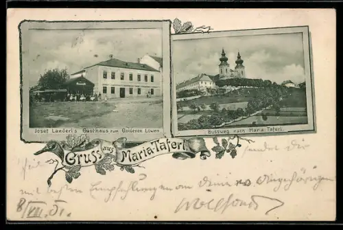 AK Maria-Taferl, Gasthaus zum goldenen Löwen von Josef Landerl`s, Bussweg nach Maria-Taferl