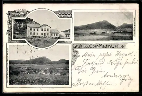 AK Ober-Piesting /N.Oe., Gasthaus vor dem Bergabhang, Ortsansicht vom Feld aus