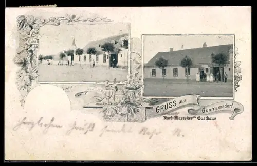 AK Guntramsdorf, Ansicht von Karl Marecker`s Gasthaus, Strassenpartie mit Blick auf die Kirche
