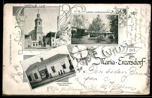 AK Maria-Enzersdorf, Josef Kastners Kaffeehaus, Blick in den Kaffeehausgarten, Kirche