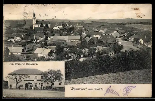 AK Weinzierl am Walde, Jos. Glaser`s Gasthaus, Ortsansicht vom Berghang aus