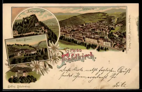Lithographie Feldkirch, Margarethen-Kapf, Lehrer-Seminar, Schloss Schattenburg, Totalansicht vom Ort