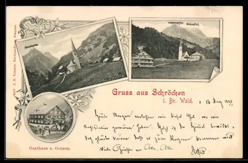 AK Schröcken i. Br. Wald, Gasthaus zum Ochsen, Kirche und Blick zur Kunzelspitze