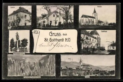 AK Texingtal, St. Gotthard, Gasthaus von K. Braunsteiner, Kirche, Schule, Schwaben-Kreuz, Fischbacher Tropfsteinhöhle