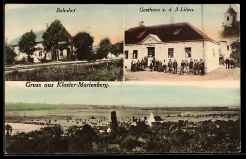 AK Klostermarienberg /Vorarlberg, Gasthaus zu den Drei Lilien, Bahnhof, Totalansicht des Ortes