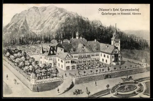 Künstler-AK Ferlach, Unterbergen im Rosental, Oblasser`s Hotel Karawankenhof aus der Vogelschau