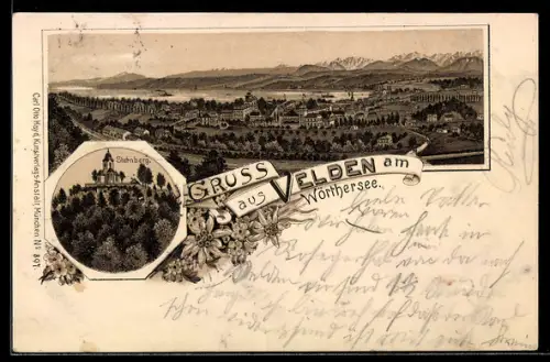 Lithographie Velden am Wörthersee, Sternberg, Ortsansicht mit Blick über den See