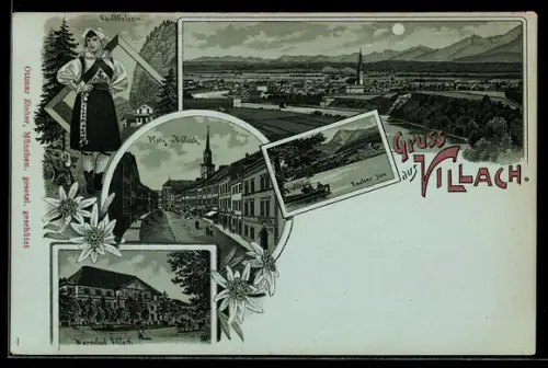 Mondschein-Lithographie Villach, Platz in Villach, Warmbad Villach, Gailtalerin in Tracht, Faaker See