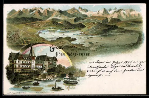 Lithographie Krumpendorf, Hotel Wörthersee, Gesamtansicht der Ortschaftaus der Vogelschau mit Umgebung