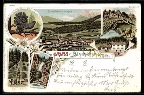 Lithographie Bischofshofen, Ortsansicht von oben, Auerhahn, Wasserfall, Gasthaus Mitterberg