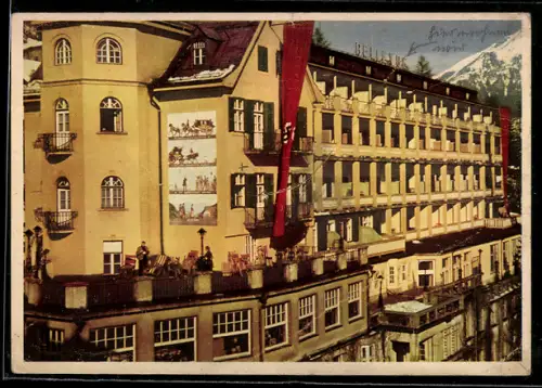 AK Badgastein, Wührer`s Parkhotel Bellevue, Hotelansicht mit -Fahne