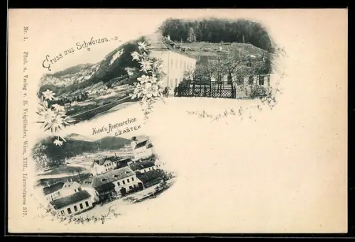 AK Schwarzau, Hotel und Restaurant Czastek, Ortsansicht im Tal