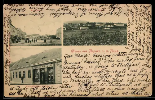 AK Asparn a. d. Zaya, Geschäftshaus Johann Welzig, Marktplatz, Ortspanorama