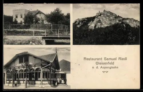 AK Scheiblingkirchen-Thernberg, Gleissenfeld a. d. Aspangbahn, Restaurant Samuel Riedl, Gasthaus, Bahngleise und Ruine