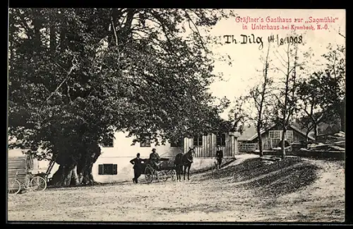 AK Krumbach /N.-Oe., Unterhaus, Gräftner`s Gasthaus zur Sagmühle mit Kutsche