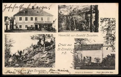 AK St. Oswald /N. Ö., Handlung von Ig. Brandstetter, Burgstein, Wasserfall zur Aussicht, Partie am Wege