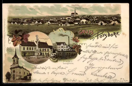 Lithographie Poysdorf, Blick zum Ort, A. Langer's Dampfmühle, Dreifaltigkeitsplatz