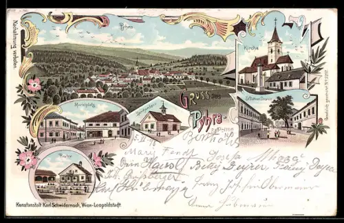 Lithographie Pyhra /St. Pölten, Marktplatz, Spritzenhaus, St. Pöltner Strasse, Prater und Kirche