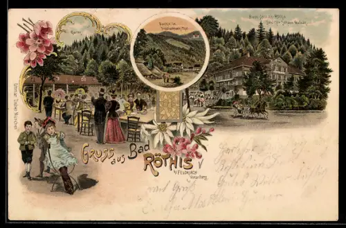 Lithographie Röthis, Bad Röthis b. Feldberg, Bade-Anstalt-Röthis, Garten und Partie im Frödischbach-Thal