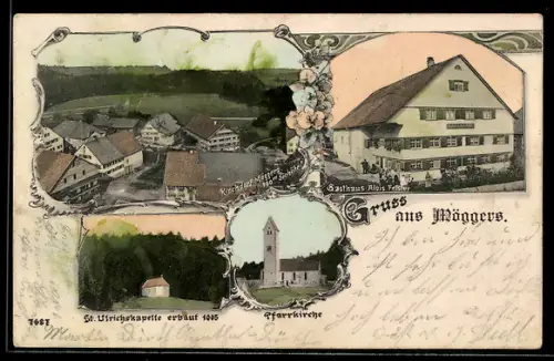 AK Möggers, Gasthaus von Alois Felster, St. Ulrichspkapelle und Pfarrkirche