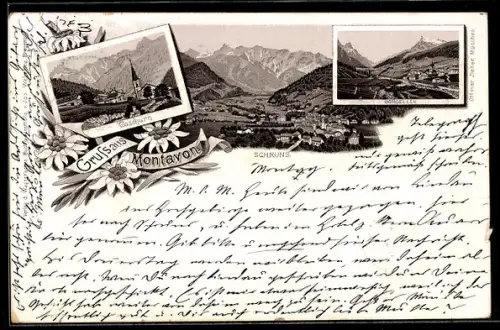Lithographie Schruns /Montavon, Ortsansicht, Gaschurn und Gorgellen, Edelweiss