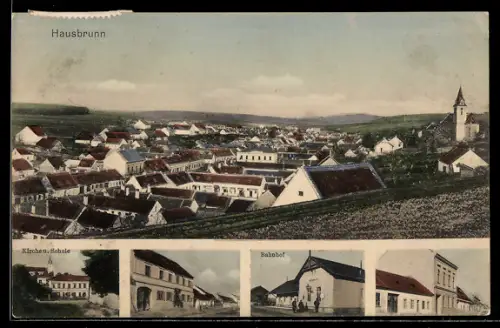 AK Hausbrunn, Bahnhof, Kirche und Schule, Totalansicht