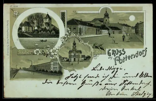 Mondschein-Lithographie Pottendorf, Hauptstrasse, Fabrik, Kirchenplatz, Schloss Esterhazy