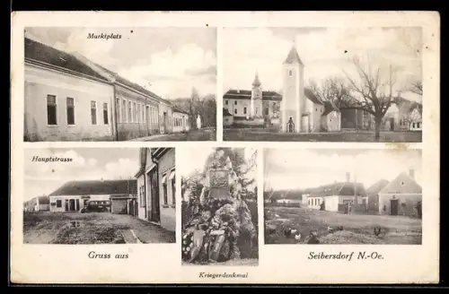 AK Seibersdorf /N.-Oe., Hauptstrasse, Marktplatz, Kirche und Kriegerdenkmal