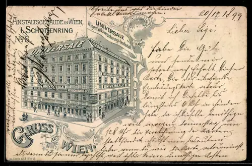 Lithographie Wien, Anstaltsgebäude, Universale Allgem. Volksversicherungs-Gesellschaft, Schottenring