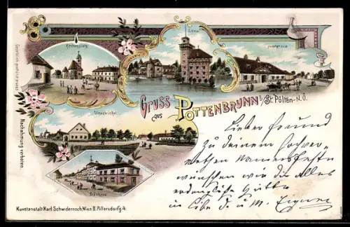 Lithographie Pottenbrunn, Bräuhaus, Hauptstrasse, Kirchenplatz, Schloss und Ulmenwinkel