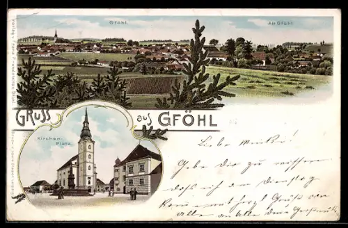 Lithographie Gföhl, Ortsansicht aus der Vogelschau, Partie am Kirchenplatz
