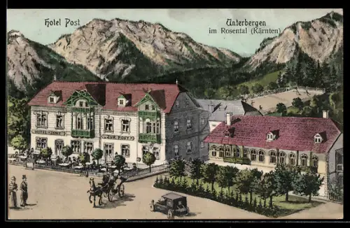 Künstler-AK Ferlach, Unterbergen im Rosental, Hotel Post, Bes. Janz