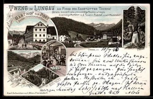 Lithographie Tweng im Lungau, Gasthof zur Post, Bes. Peter Genser, Thenfall