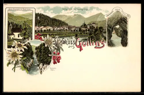 Lithographie Golling, Ortsansicht, Maria Brunneck im Pass-Lueg