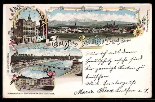 Lithographie Laufen a. Salzach, Rathaus, Marienplatz, Ortsansicht