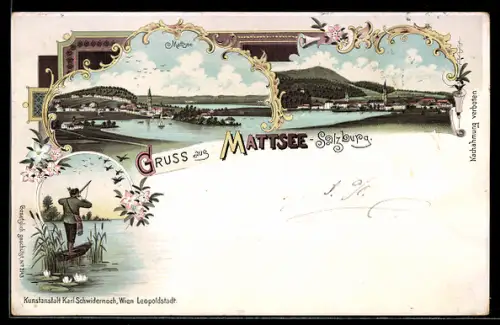 Lithographie Mattsee, Ortsansicht, Jäger auf einem Boot