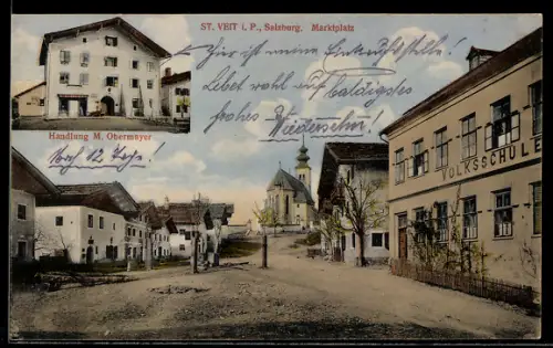 AK St. Veit im Pongau, Volksschule am Marktplatz und Handlung M. Obermayer