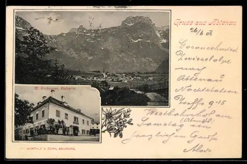 AK Abtenau, Gasthof, Bes. M. Buchegger, Ortsansicht gegen die Berge