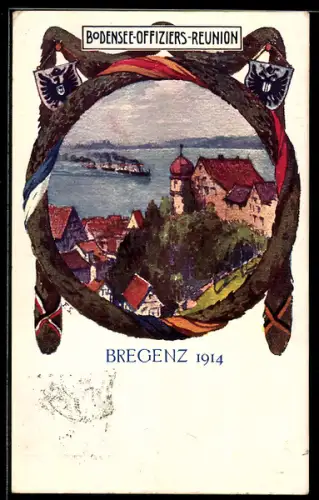 Künstler-AK Bregenz /Bodensee, Offiziers-Reunion 1914, Stadtpartie im Kranz mit Wappen