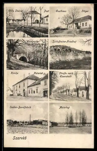 AK Hornstein /Szarvkö, Gasthaus Stöger, Villa Steiner, Kirche, Notariat, Maierhof, Seiden-Bandfabrik