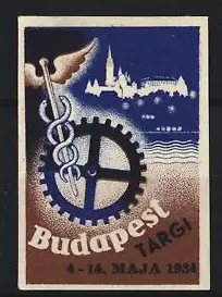 Reklamemarke Budapest, Targi 1934, Zahnrad mit Hermesstab und Ortsansicht