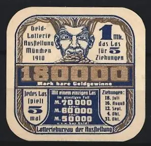 Reklamemarke München, Geld-Lotterie-Ausstellung 1910, Gesicht mit Zahlen