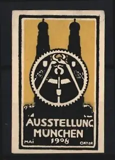 Reklamemarke München, Ausstellung 1908, Frauenkirche und Zahnrad-Symbol