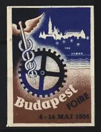 Reklamemarke Budapest, Foire 1934, Zahnrad und Hermesstab
