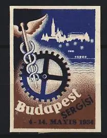 Reklamemarke Budapest, Sergisi 1934, Zahnrad und Hermesstab